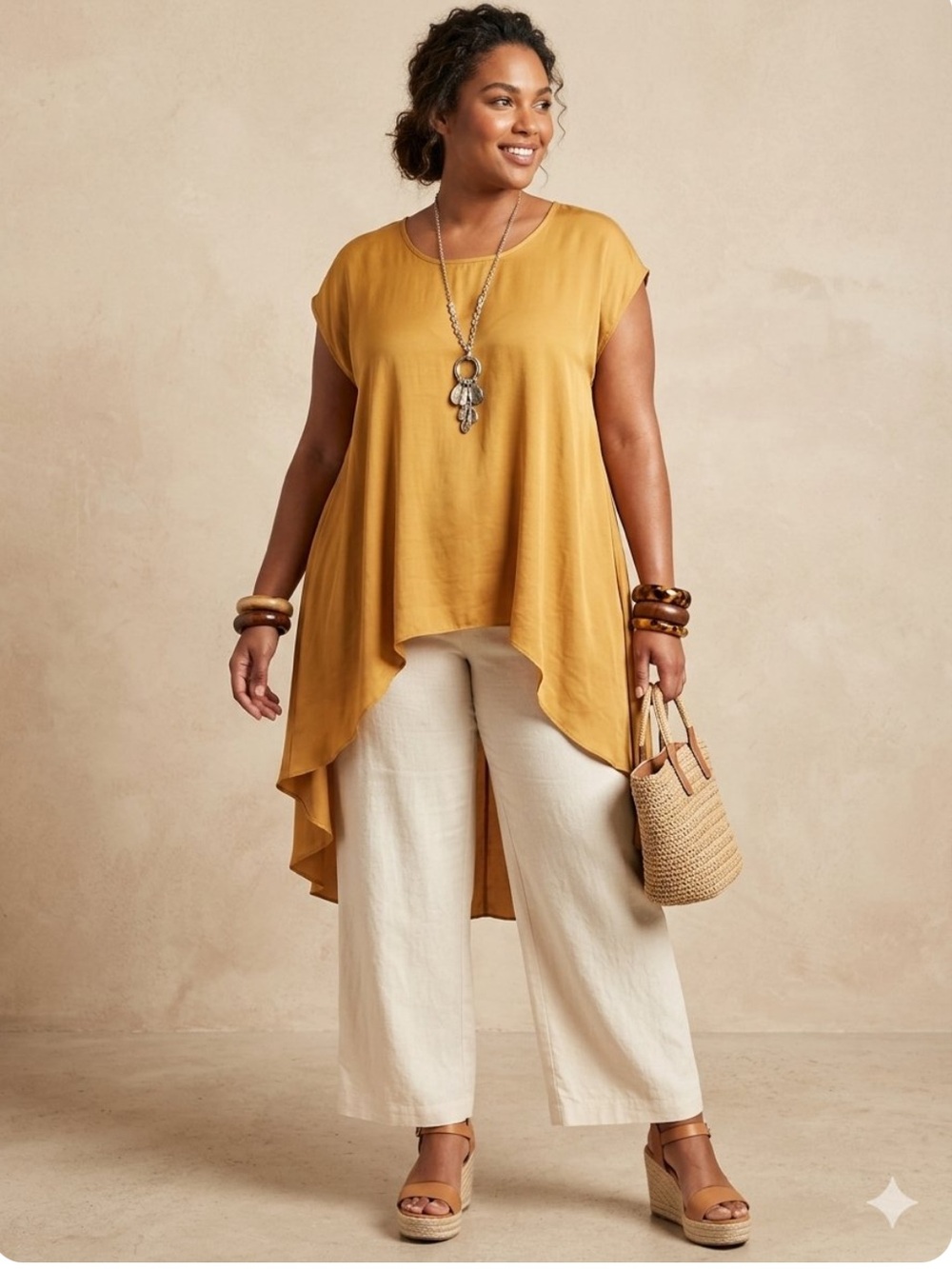 cha cha vente Mustard Yellow Hi-Lo Tunic Dress Flowy Asymmetrical Bohemian Sz 1X